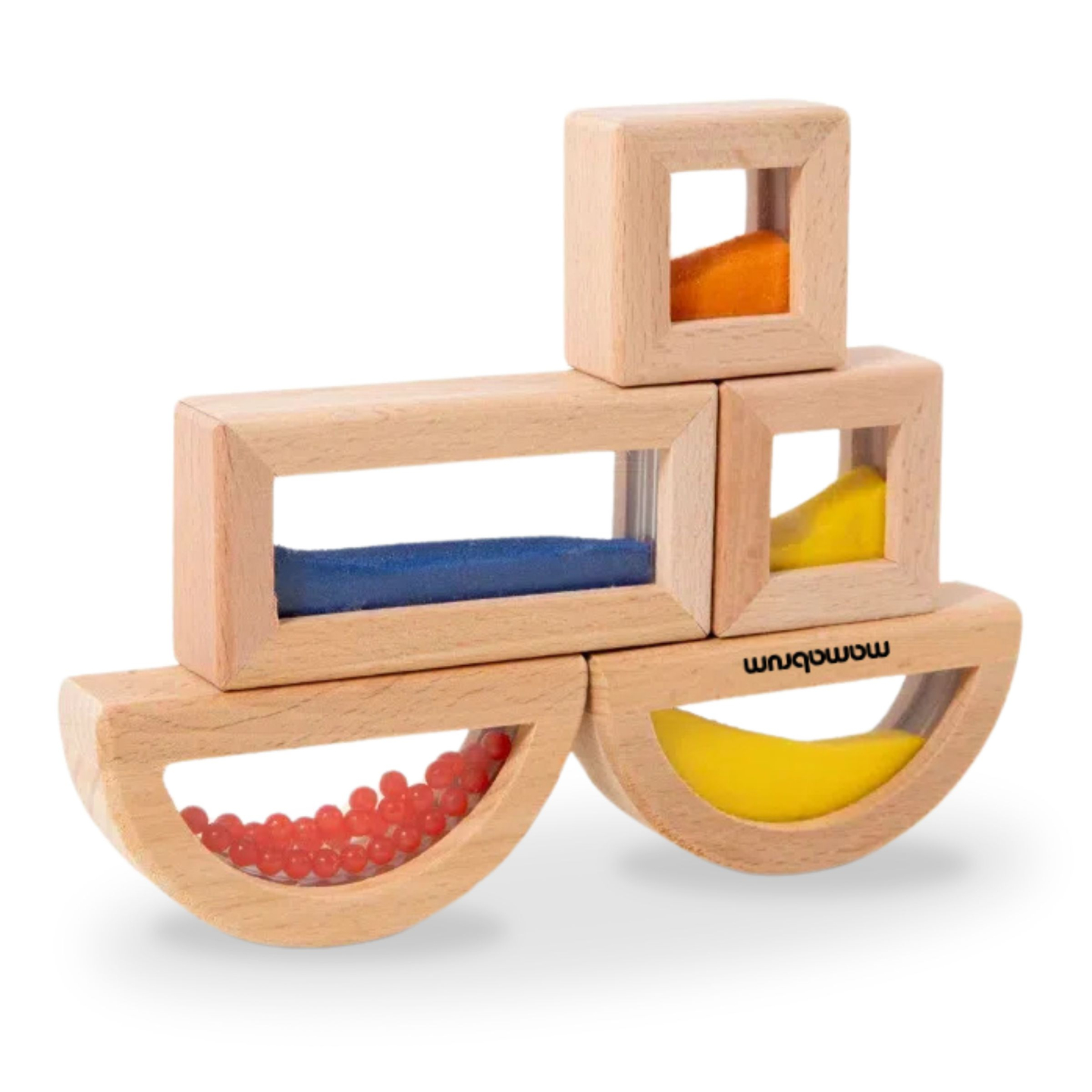 Set med sensoriska block i trä med olika fyllningar - 15 delar