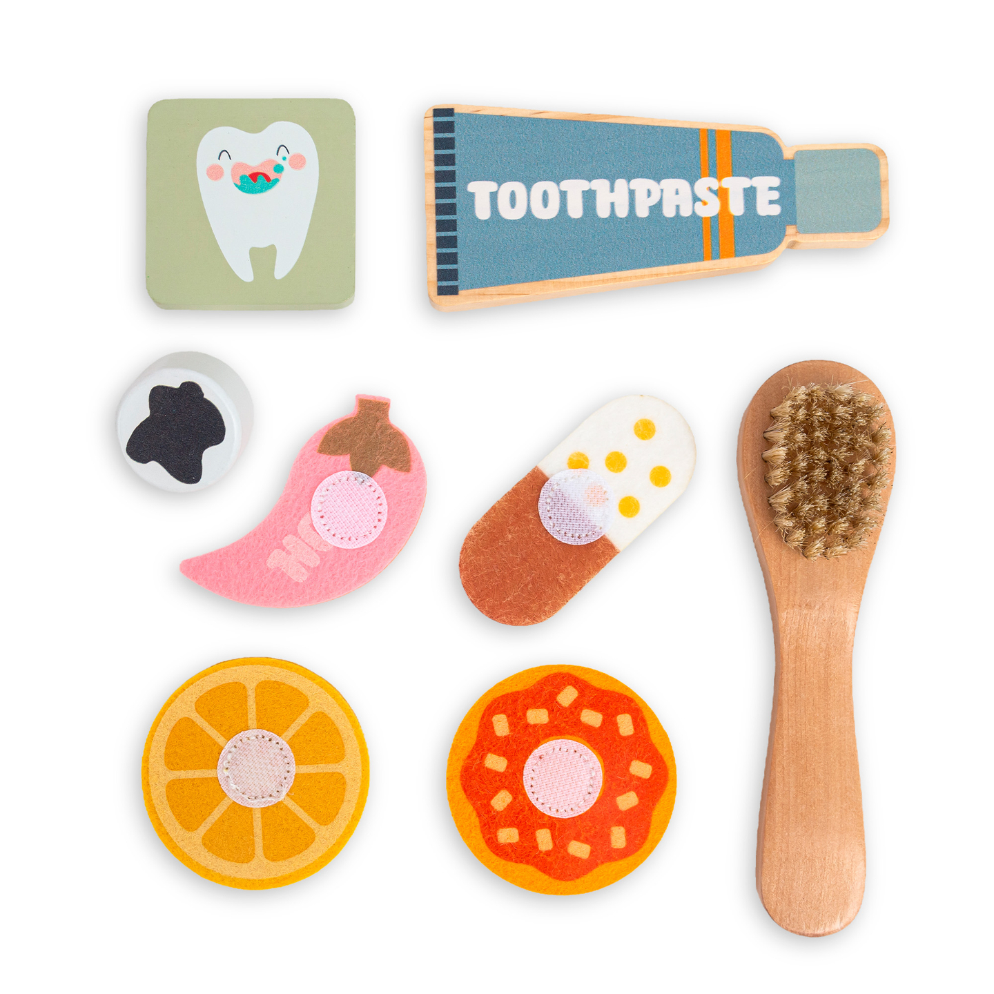 Montessori-pedagogisk trätavla för liten tandläkare - tandborste, tandkräm, avtagbara tänder, spegel, mat, lärande smaker