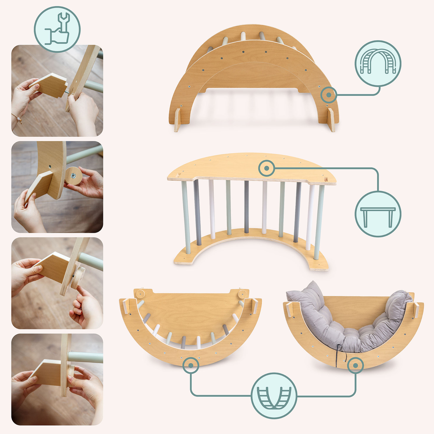 Trälekplats inomhus för barn - klättervägg, rutschkana, klätterbåge/gungstol och Piklers triangel