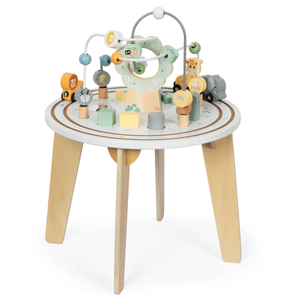 Trä runt utbildningsbord med ett magnettåg och en pärlkastare