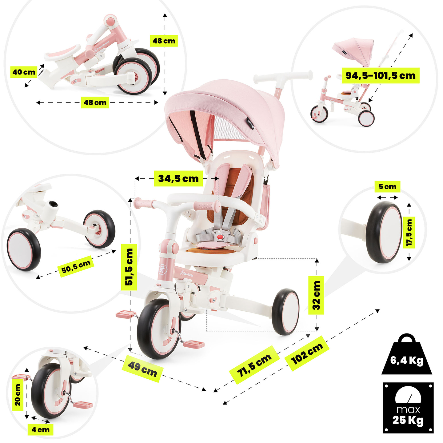 8in1 multifunktionell trehjuling TOBI FOREST - rosa