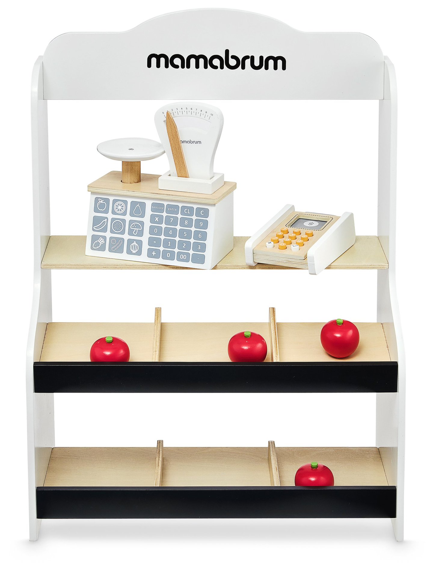 Mini market - butik med vågar, terminal, betalkort och frukt