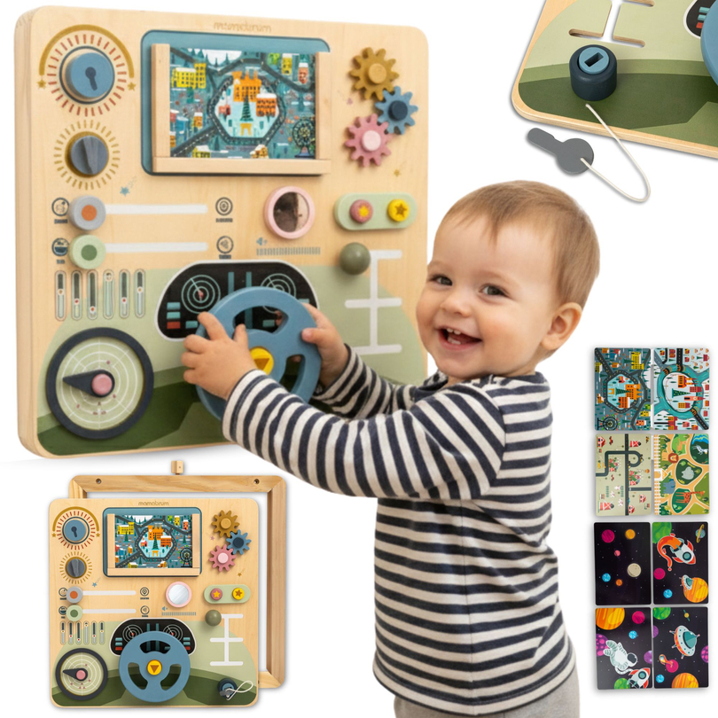 Montessoribräda i trä 2-i-1 förarplats för den lilla föraren och piloten – ratt, växelspak, resekartor, radar