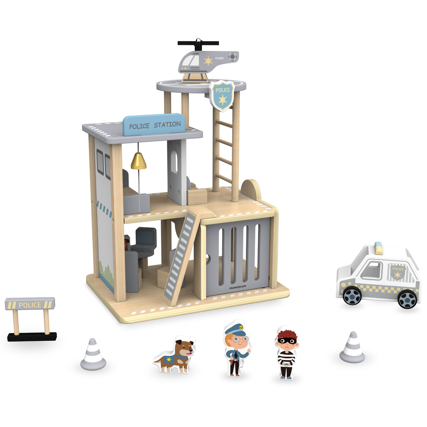 Polisstation i trä med tillbehör