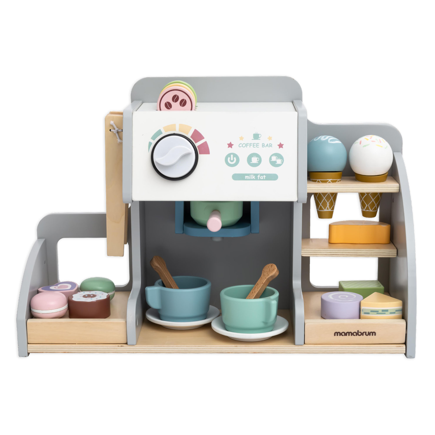 En stor glassbar i trä med magnettavla, kaffemaskin och glass- och dessertset - över 70 delar!