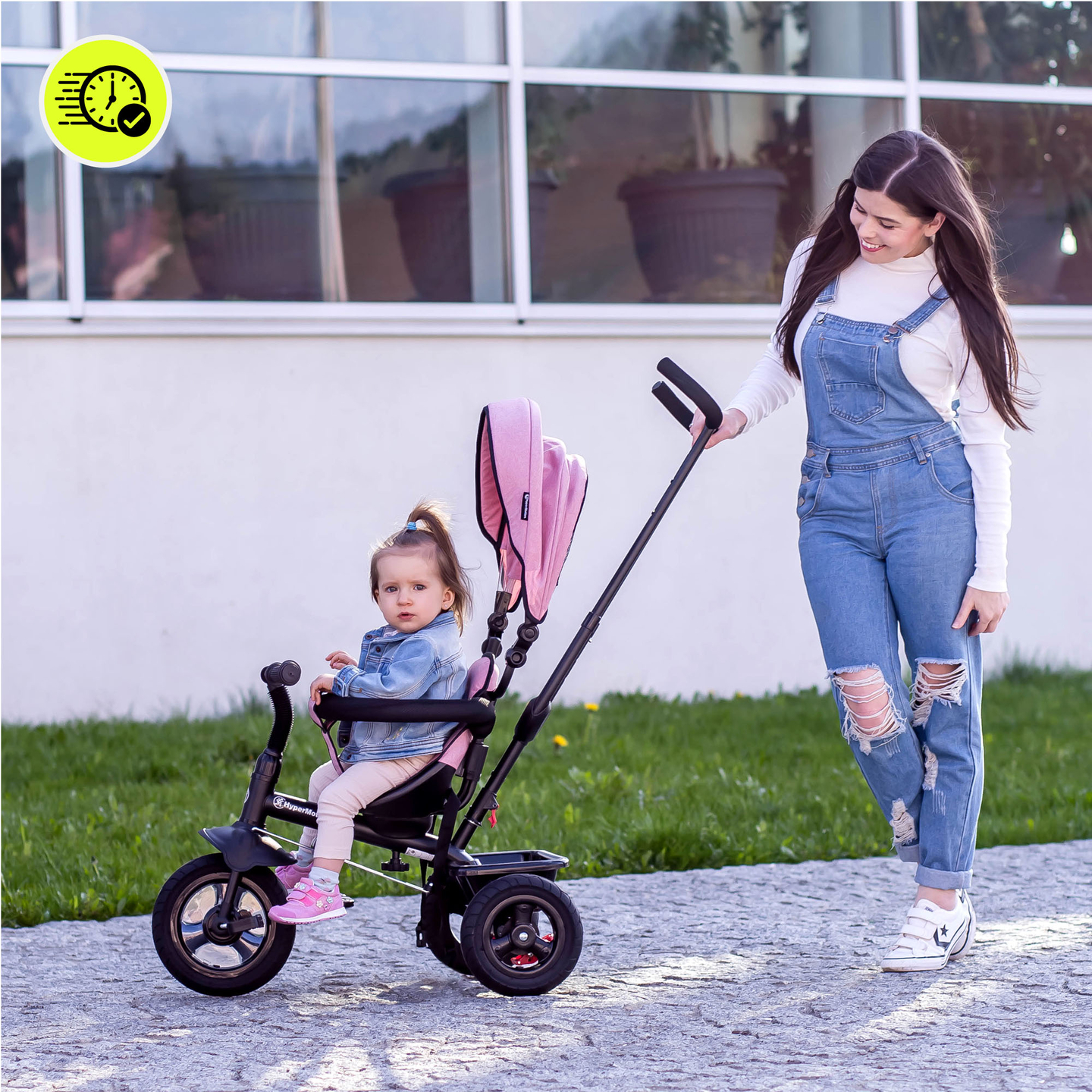 Trehjuling för barn 1-4 år - TOBI FREY - rosa färg - svängbar - pumpade hjul + tryckare